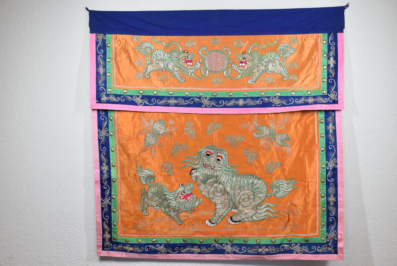 Tibetan Lion Pattern Embroidery: Tibetan Lion Pattern Embroidery (38 x 37 inches)