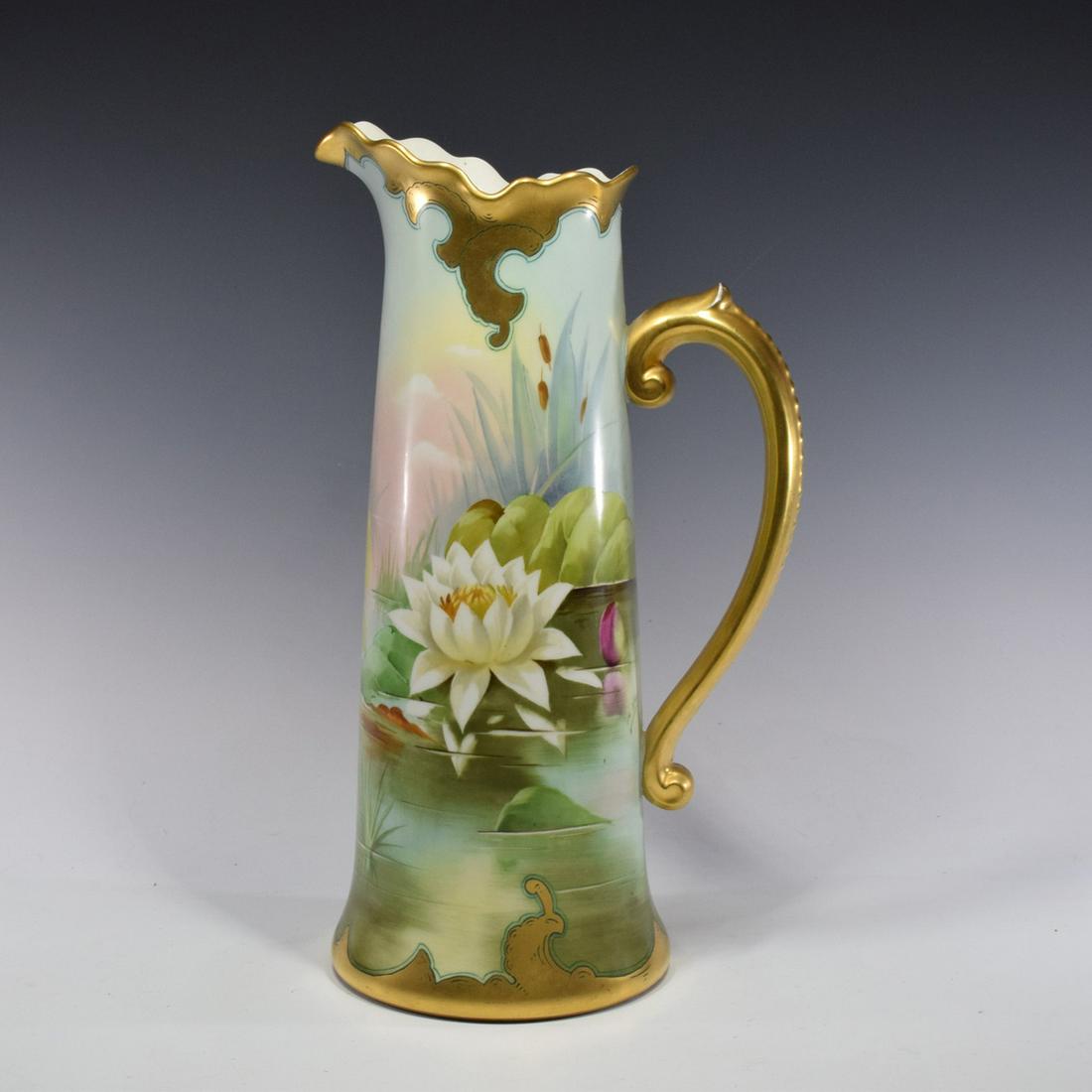 Vintage Jean Pouyat Limoges Porcelain Hand-Painted Lotus Flower Handle Vase (1 of 8)