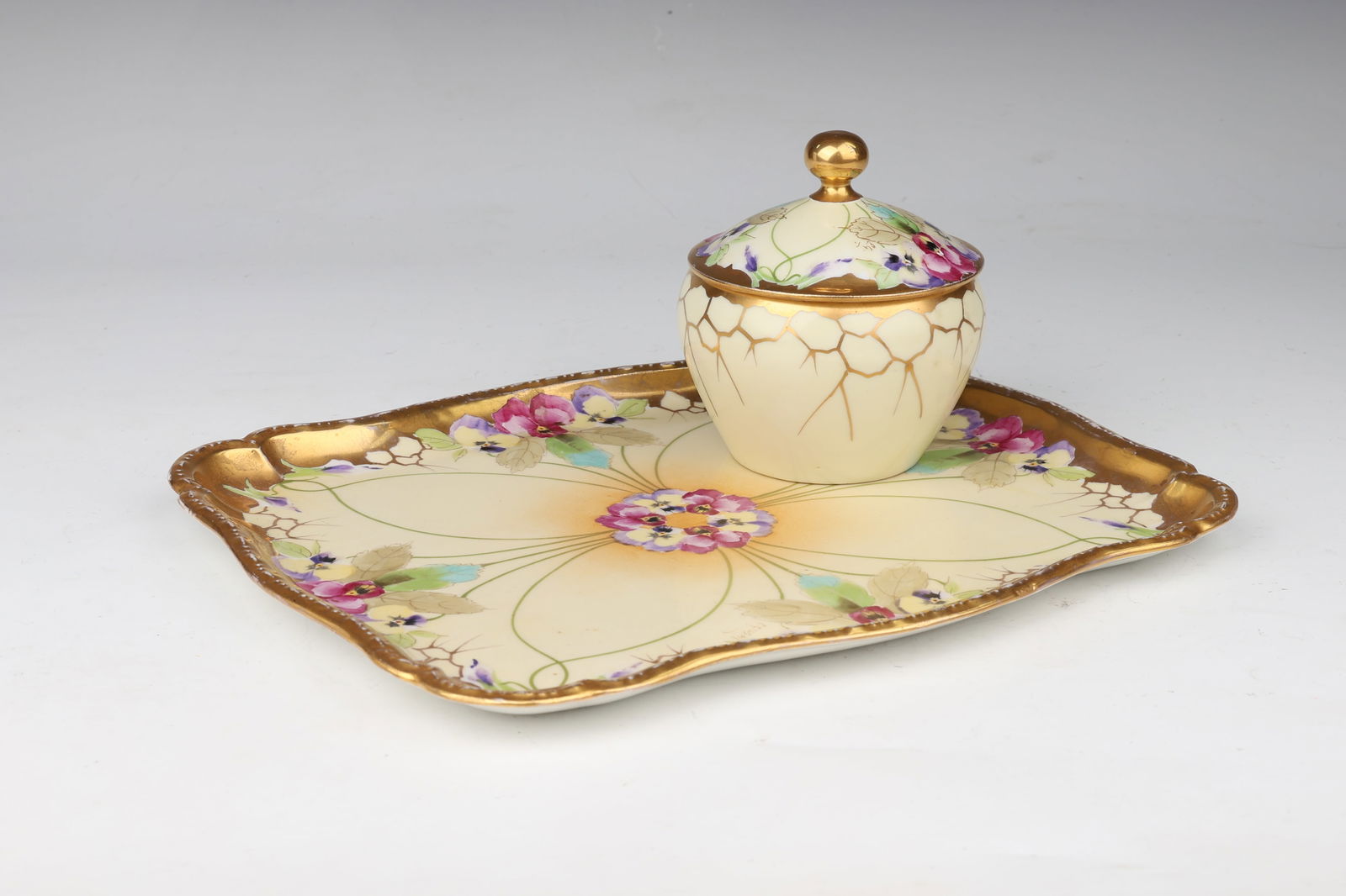 Limoges Hand Painted Gold Art Nouveau Tray With Jar (1 of 8)