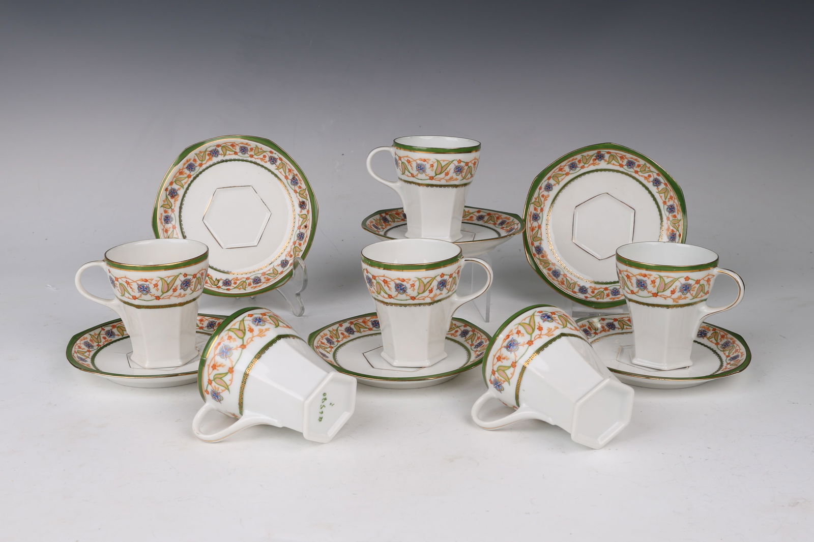 Set Of 6 Hexagonal Green Gold Trim Floral Porcelain Tea And Saucer (1 of 8)