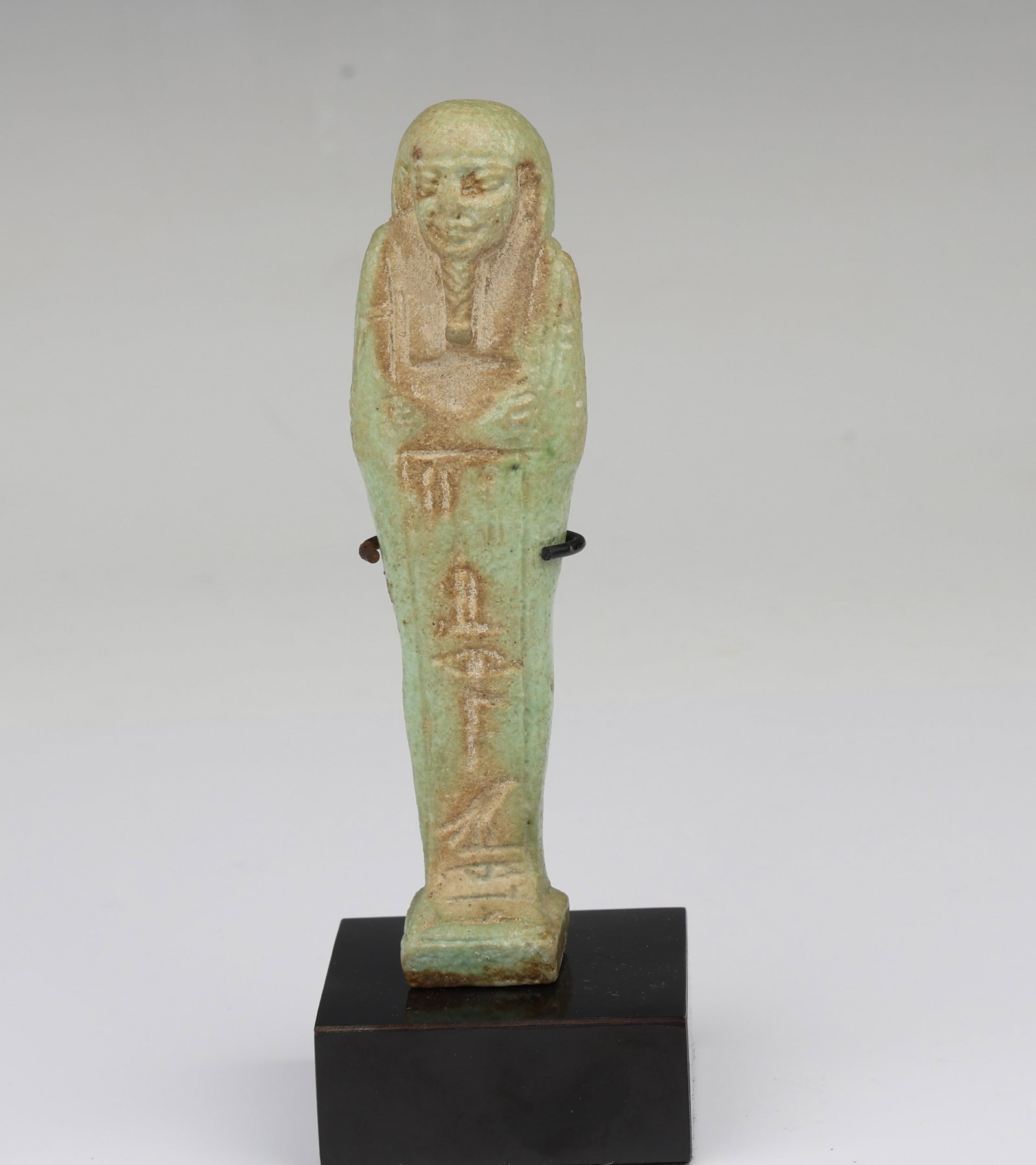 Ancient Egyptian Faience Ushabti Late Period: Ancient Egyptian Faience Ushabti Late Period ( 11.5 cm x 3 cm x 2 cm without wood base )