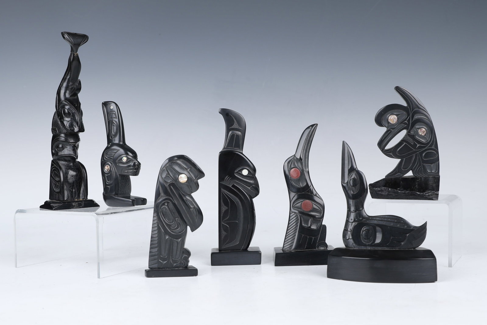 Group Of Carved Argillite Pole In the form Of Haida Killer Whale Signed: Group Of Carved Argillite Pole In the form Of Haida Killer Whale Signed ( about 8.5 cm x 10 cm x 3 cm, all in similar size )