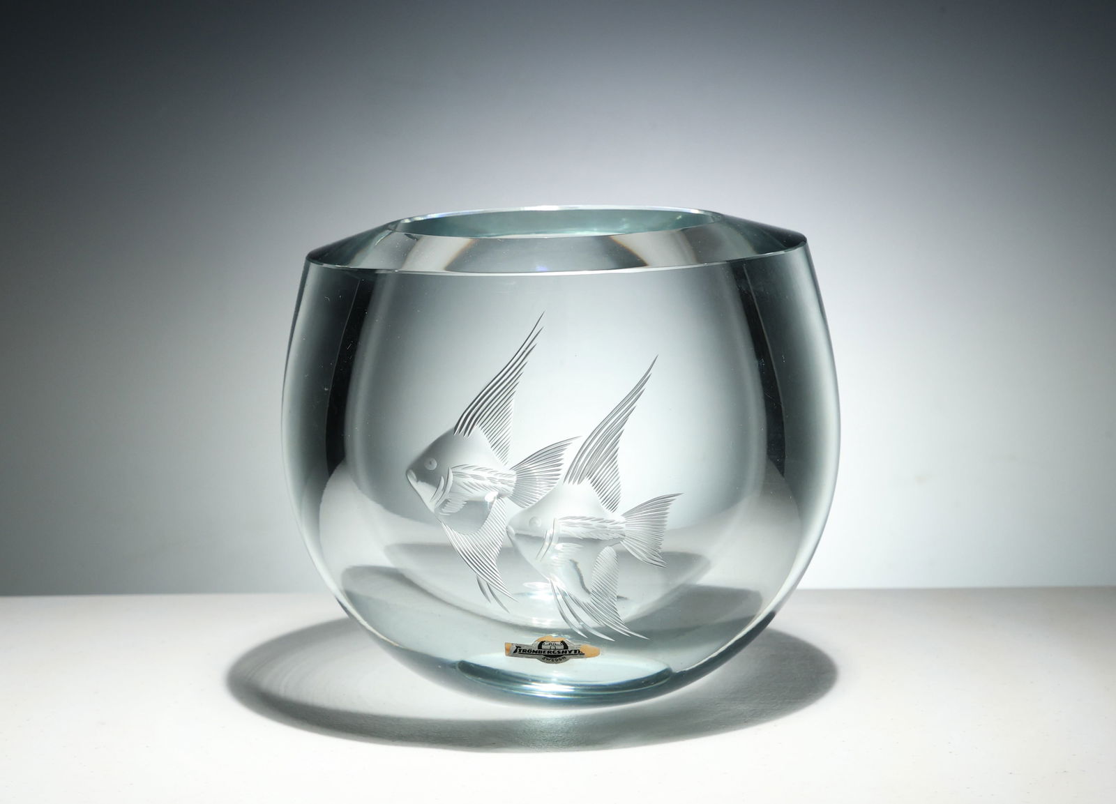 Vintage Heavy Smokey Glass Strombershyttan Etched Fish Vase Sweden (1 of 8)