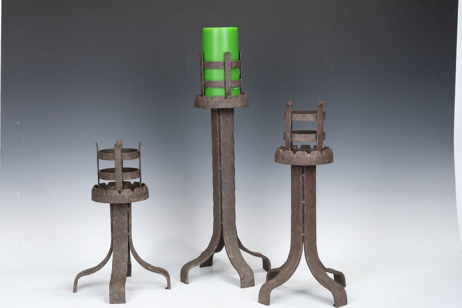 Set Of Antique Wrought 3 Iron Candlesticks (1 of 9)