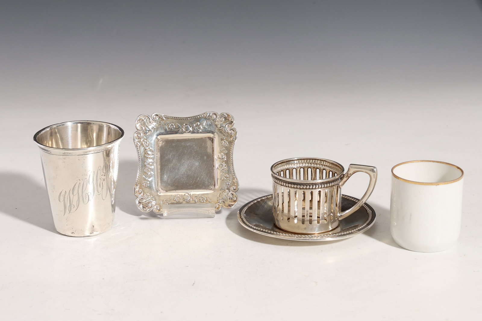Sterling Silver Cup,Tray And Demitasse Cup: Sterling Silver Cup,Tray And Demitasse Cup (6.5 x 5.5 cm, 8.5 x 1 cm, 7 x 5 cm, 6 x 0.5 cm, Total Sterling Weight 80 grams)