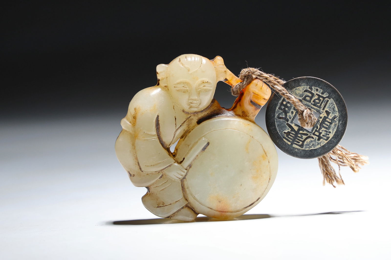 Chinese Jade Child with Drum Ornament: Chinese Jade Child with Drum Ornament (5 x 4.5 x 1 cm)