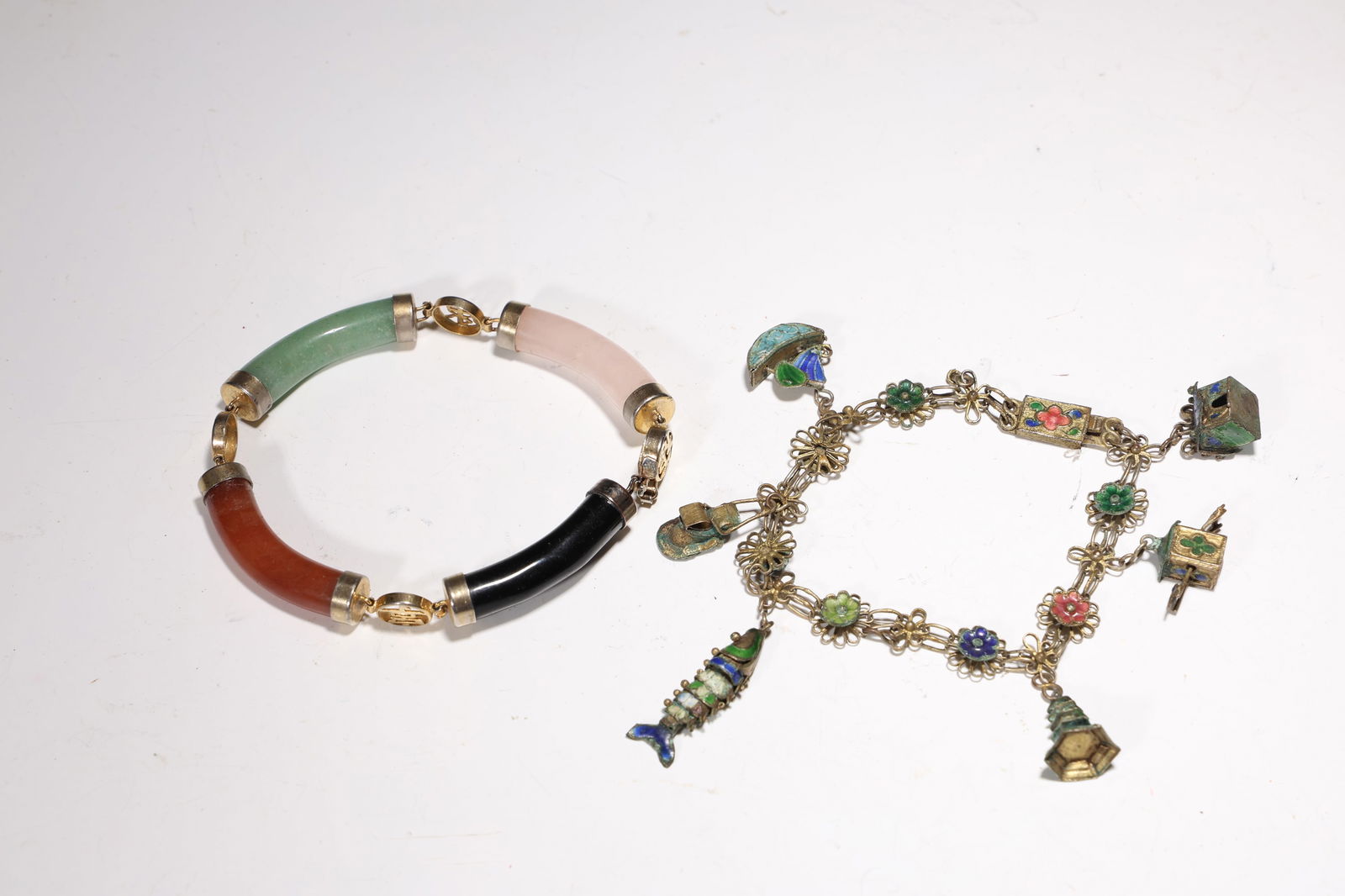 Gem Stone Inlaid & Chinese Bronze Enamel Charm Bracelet (1 of 9)