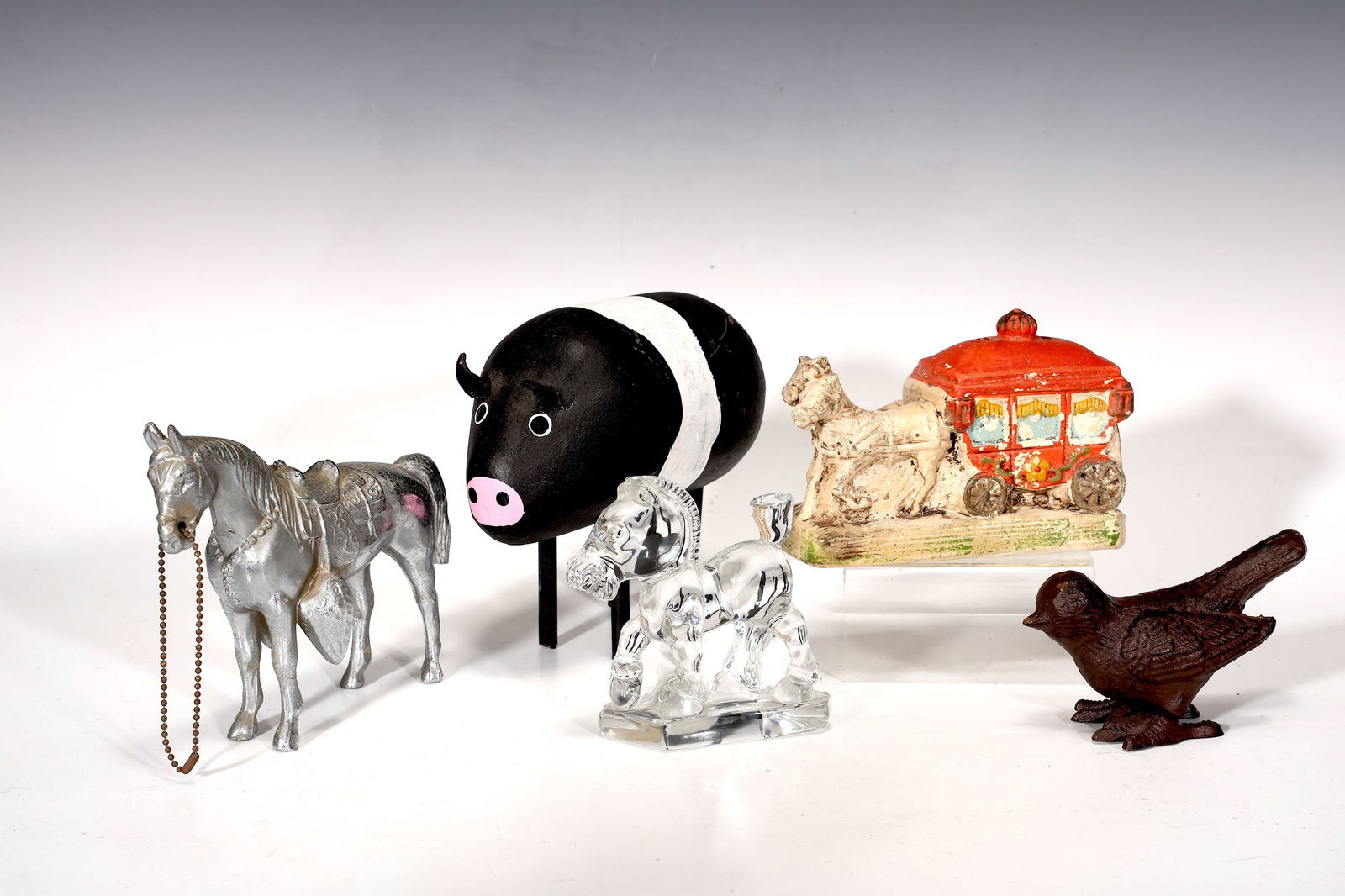 Five Figures Ceramic Carriage, Glass Horse, Wood Pig, Metal Bird (1 of 9)