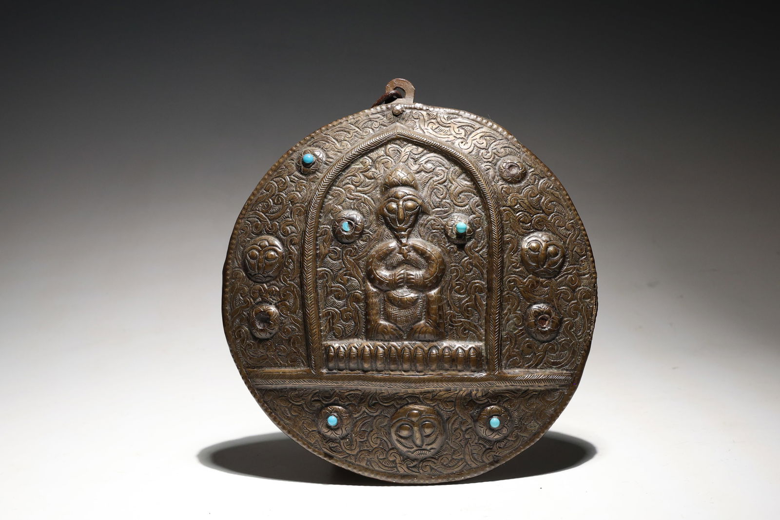 Vintage Solid Brass Buddha Wall Hanging With Turquoise (1 of 7)