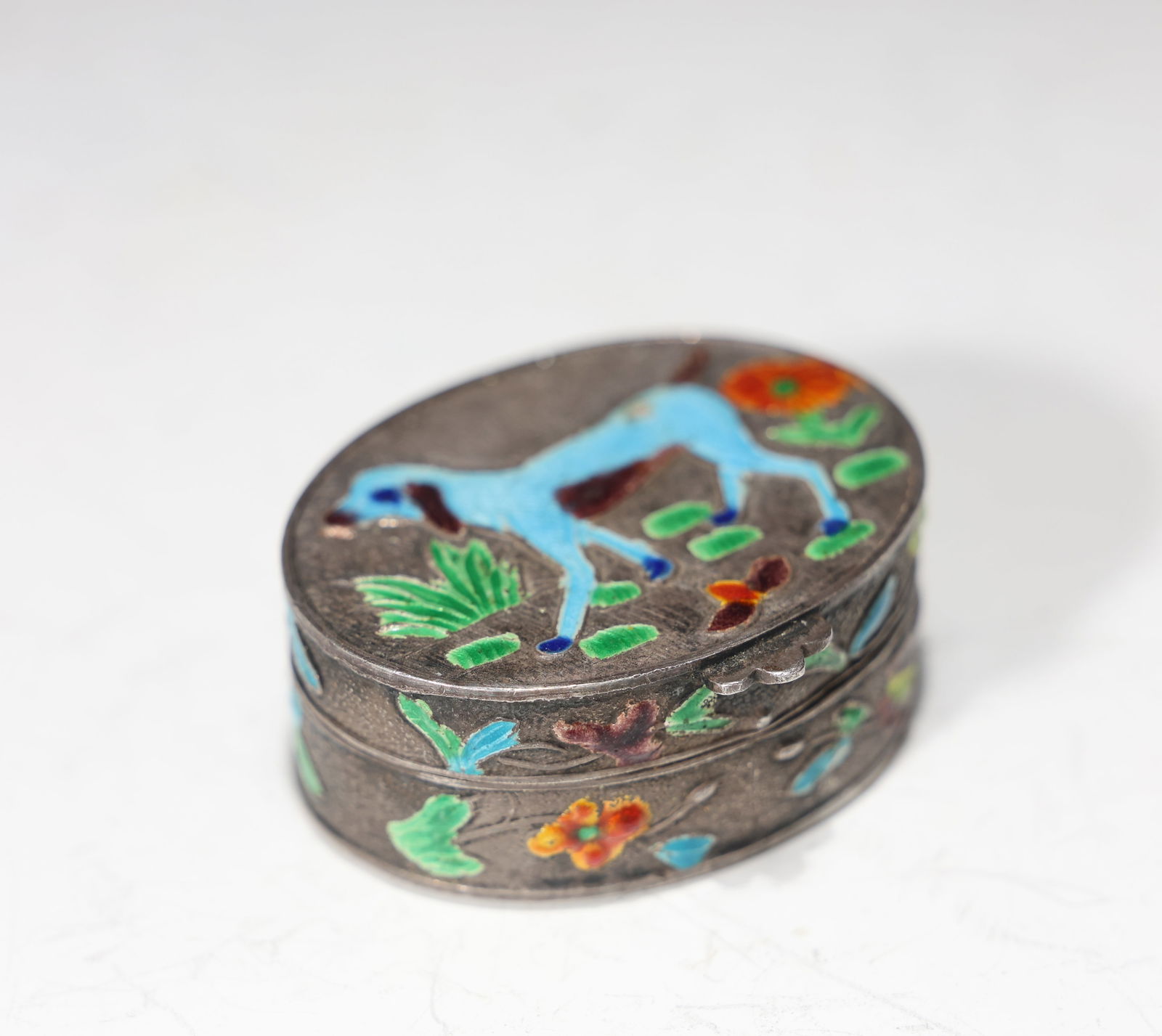 Cloisonne Enamel Mini Oval Silver Trinket Pill Box (1 of 7)