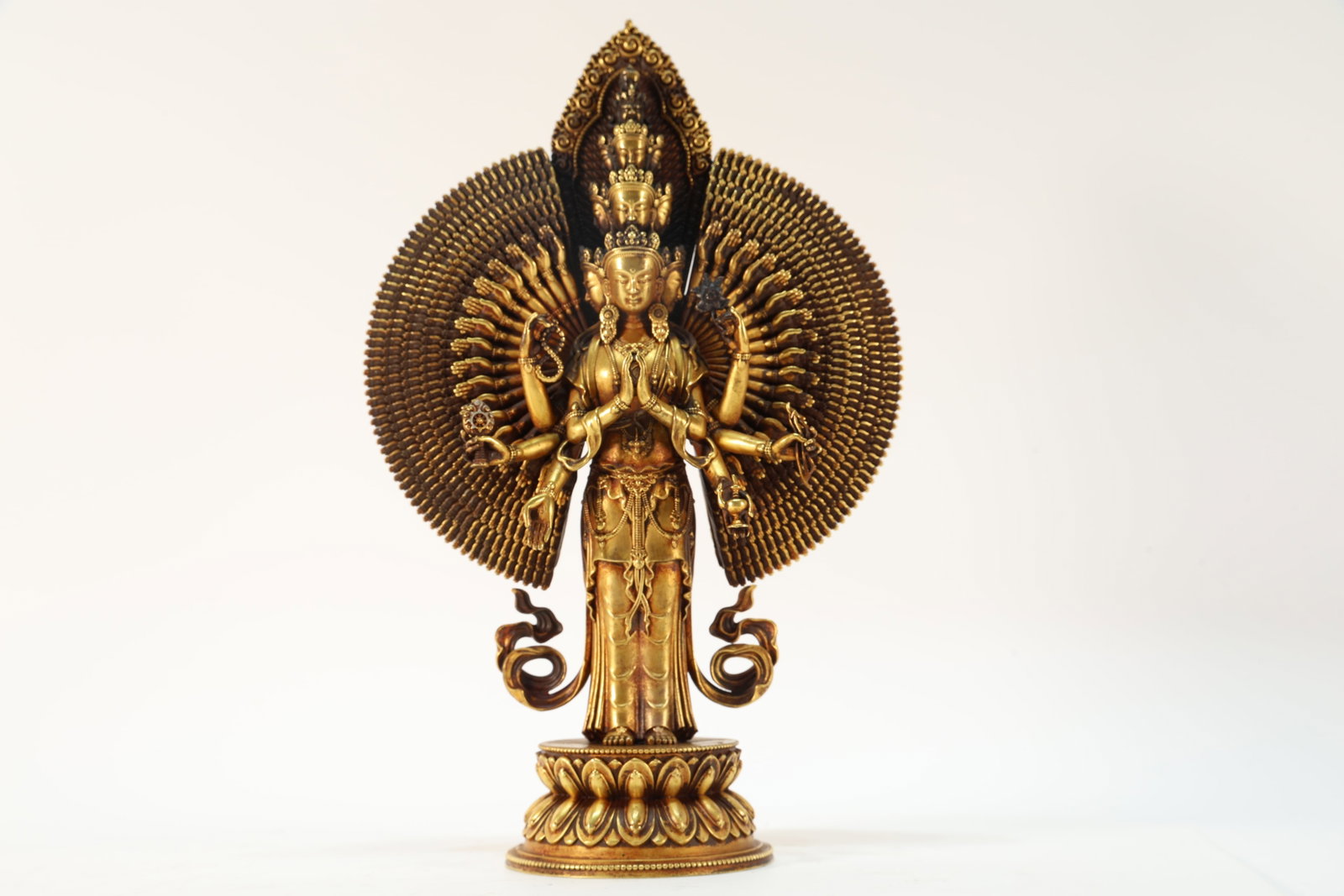 Gilt Bronze Thousand Hand GuanYin Figure: Gilt Bronze Thousand Hand GuanYin Figure (24 x 15cm)