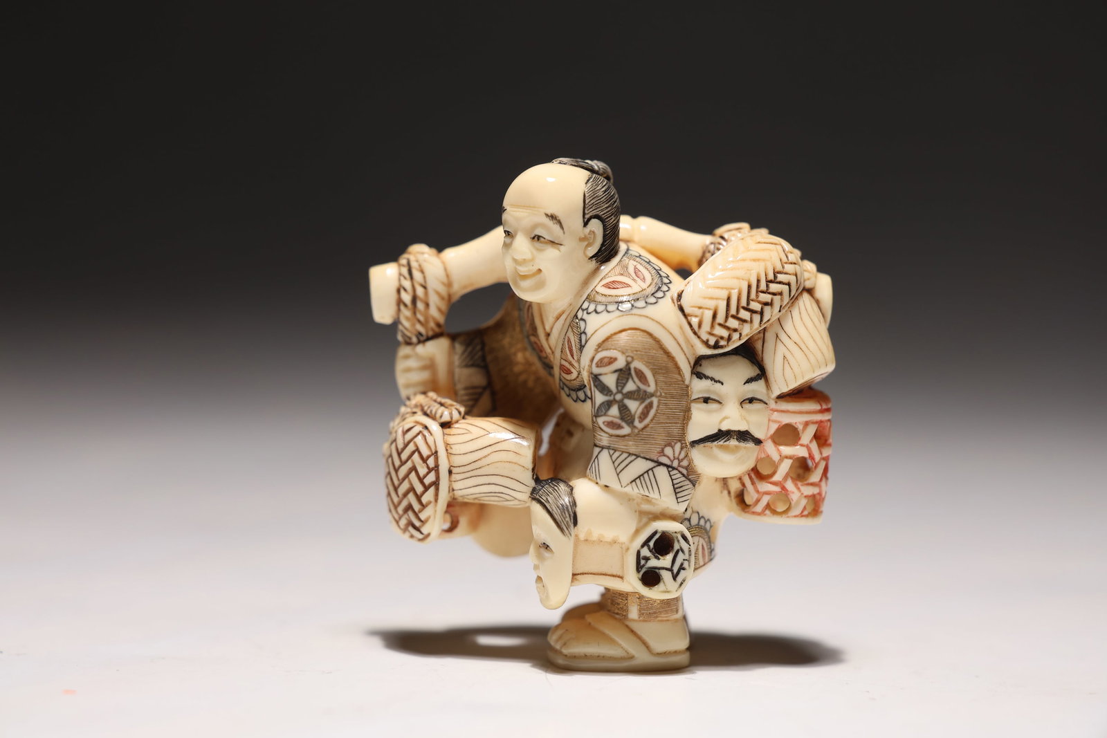 Japanese Carved Netsuke Polychrome Men Selling Mask Figurine (1 of 7)