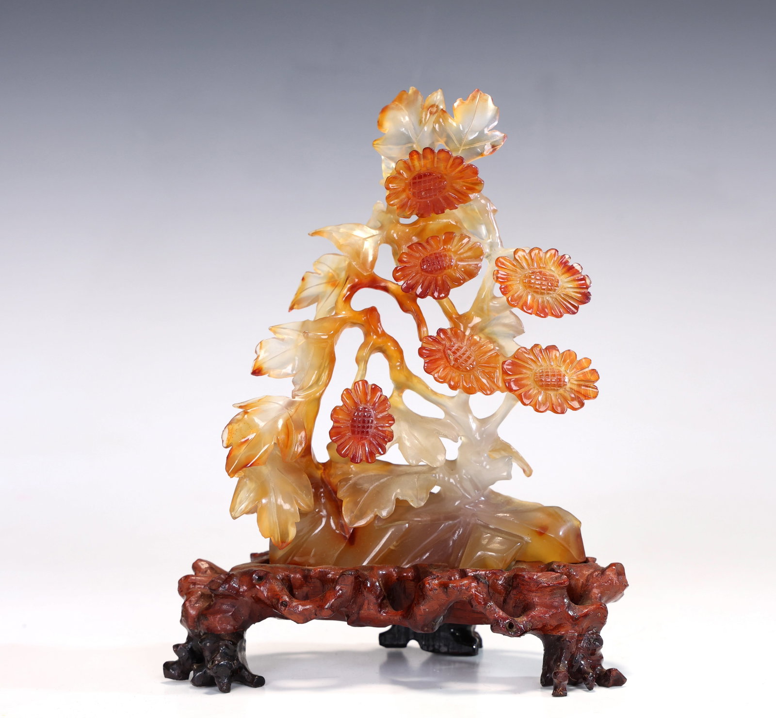 Chinese Carnelian Carved Flowers Tree Statue: Chinese Carnelian Carved Flowers Tree Statue (19 x 12 x 5.5 cm)