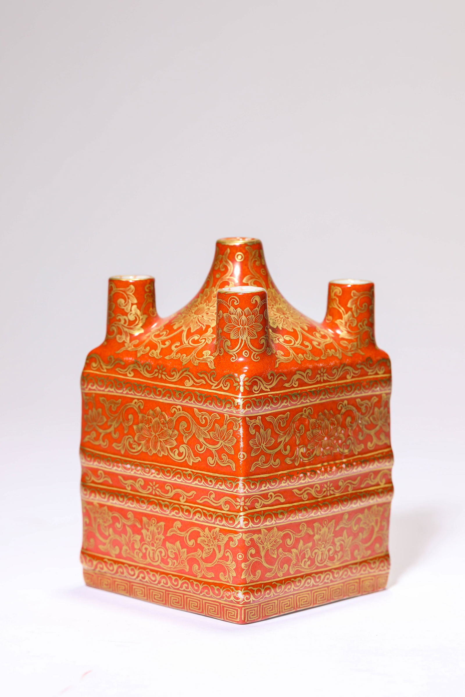 Orange Base Gold Drawing Flower Pattern Porcelain Five Mouth Vase (1 of 5)