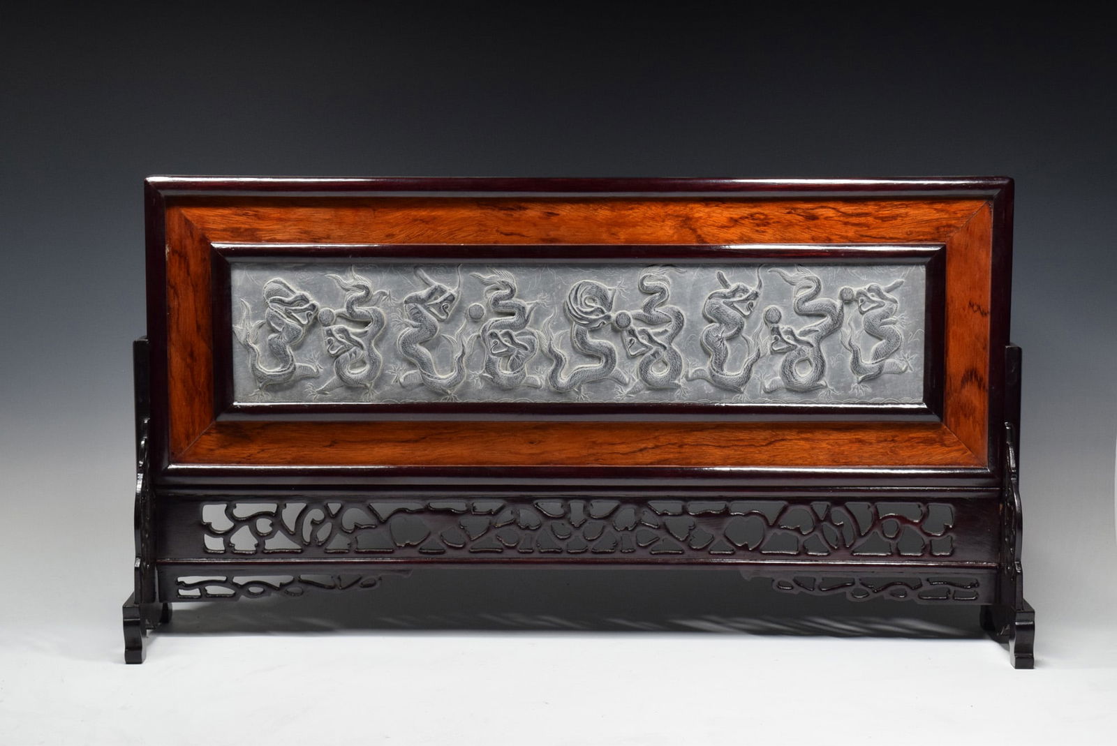 Stone Carved Dragon Pattern with Wood Frame Table Plaque (1 of 7)
