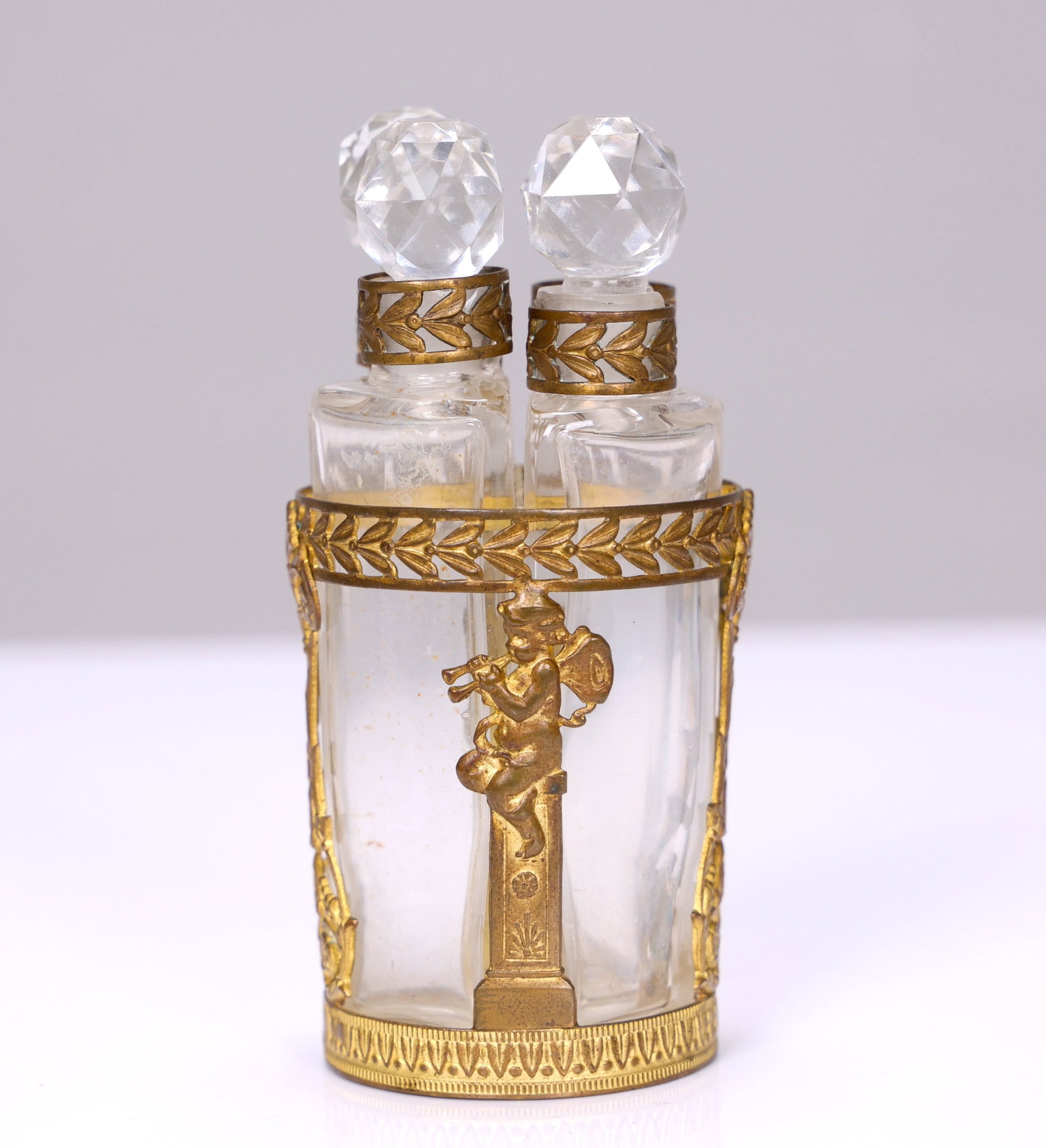 Vintage French Bronze Crystal Glass Mount Holder Perfume Bottle: Vintage French Bronze Crystal Glass Mount Holder Perfume Bottle (9 x 4 cm) Meissen Cherub figure is not perfect condition.