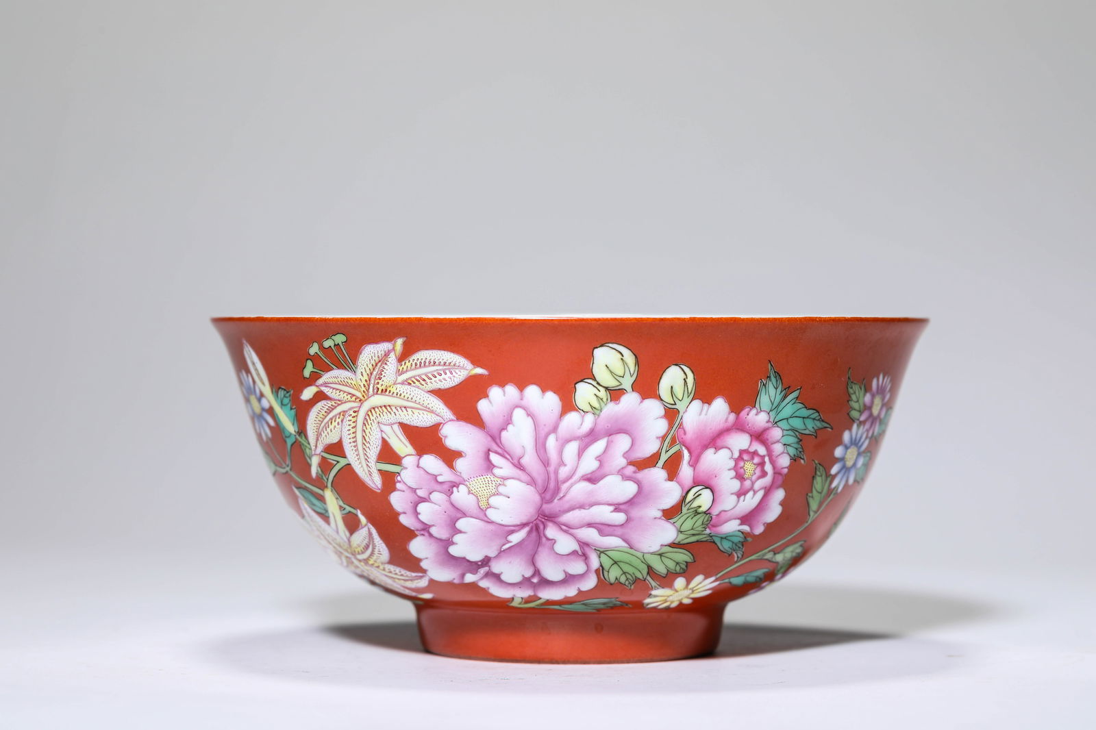 Coral Red Base Flower Pattern Porcelain Bowl (1 of 4)