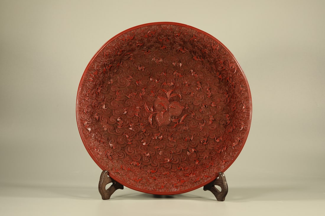 Lacquerware Red Carved Peach and Bat Pattern Plate (1 of 6)