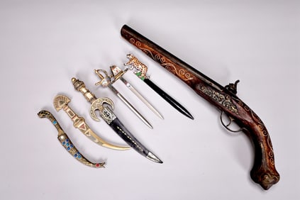 Collection Of Engraved Daggers Knives And Continental Flintlock