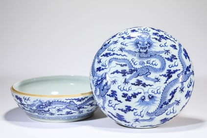 Chinese Blue and White Dragon Pattern Porcelain Round Lid Pot