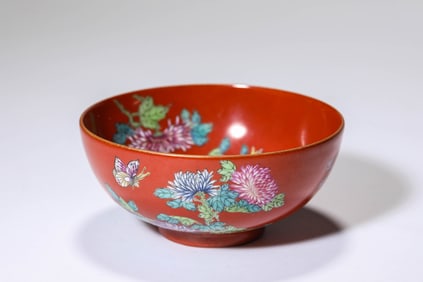 Coral Red Base Famille Rose Flower Pattern Porcelain Bowl