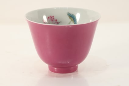Pink Glazed Famille Rose Lotus Flower and Mandarin Duck Pattern Porcelain Cup
