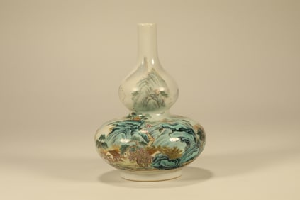 Famille Rose Landscape Pattern Porcelain Gourd Shape Vase