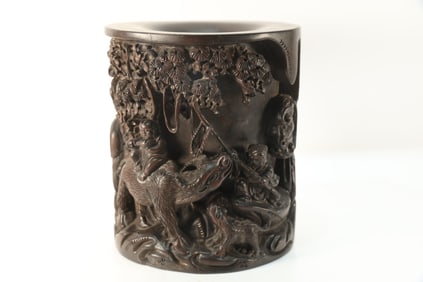 Red Sandalwood Carved Character Story and Ox Pattern Brush Pot