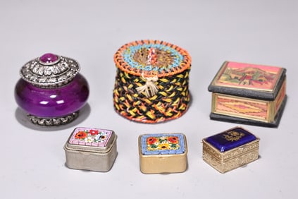 Trinket Boxes Including Glass, Micromosaic, Hand Made Basket