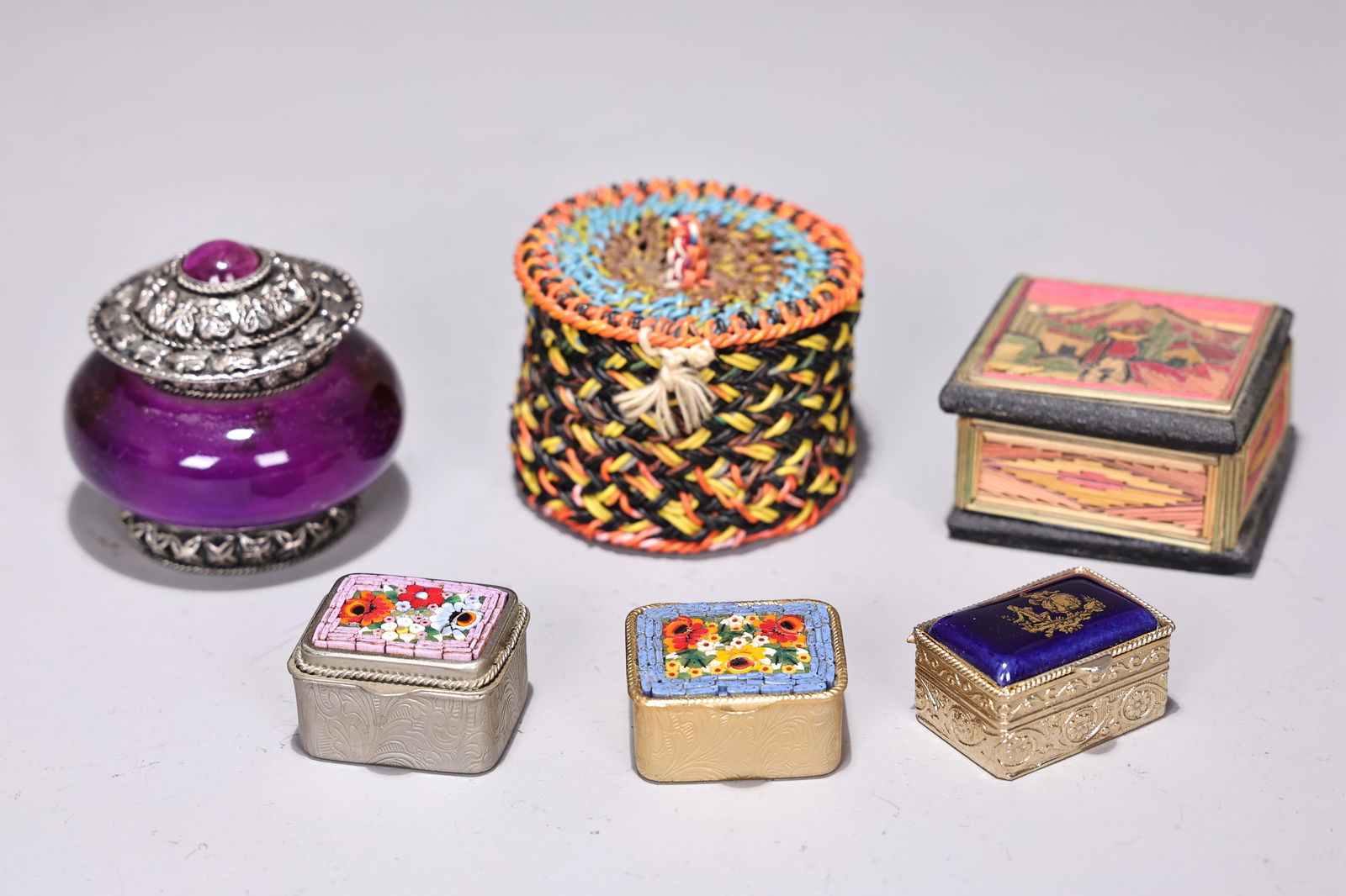 Trinket Boxes Including Glass, Micromosaic, Hand Made Basket (1 of 8)