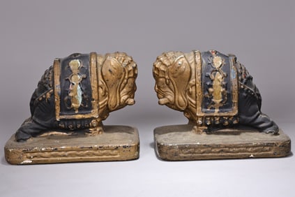 Pair Of Armor Clad Clay Elephant India Sculpture Bookend