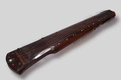 Chinese Wood Carved Inlaid Gemstone Guqin Musical Instrument