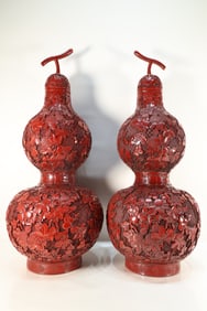 Pair of Lacquerware Red Carved Flower and Gourd Pattern Gourd Shape Vase