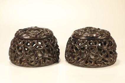 Pair of Red Sandalwood Carved Cloud Pattern Lid Pot
