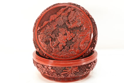 Lacquerware Red Carved Landscape and Character Story Pattern Lid Box