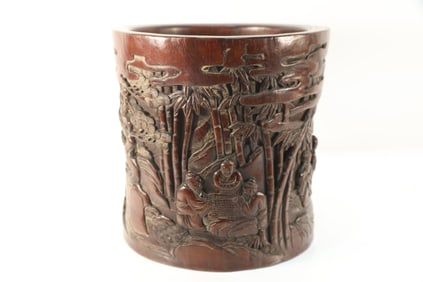 Huanghuali Wood Carved Character Story and Bamboo Pattern Brush Pot
