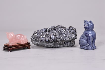 Rose Quartz Carved Cat, Galena Mineral, Pottery Kitten Figurine