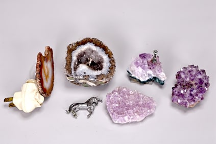 Group Of Luminous Amethyst Geode Cluster With Pewter Figurine