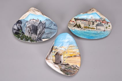 Set Of 3 Hand Painted On Shell Landscape Painting By G.K. Vellios