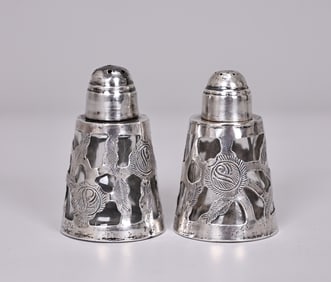 Pair Of Sterling Silver Overlay On Glass Salt And Pepper Shakers