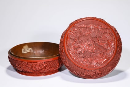 Chinese Carved Character with Landscape and Poetry Pattern Red Lacquer Round Lid Box