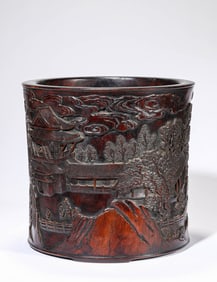 Red Sandalwood Character with Landsacpe Pattern Brush Pot