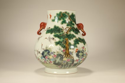 Famille Rose Pine Tree and Crane Pattern Double Elephant Ears Porcelain Zun