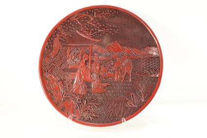 Lacquerware Red Carved Landscape and Character Story Pattern Plate