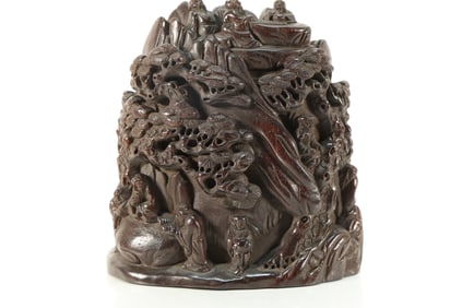 Red Sandalwood Carved Pine Tree and Character Ornament