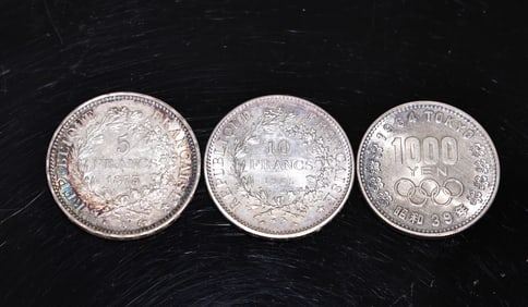 1875 Francs Silver 5 Coin, 1965 Francs Silver 10 Coin, 1964 Japan 1000 Yen Silver Coin
