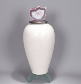 White Glazed Large Porcelain Vase With Natrual Stone Lid