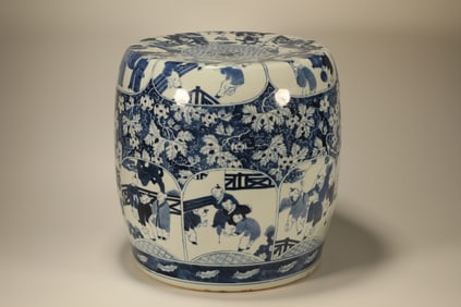 Blue and White Playing Children Pattern Porcelain Stool