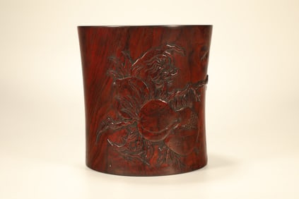 Huanghuali Wood Carved Peach and Poetry Pattern Brush Pot