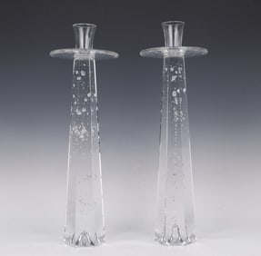 Pair Of Rare Large Crystal Glass Art Candle Sticks Signed